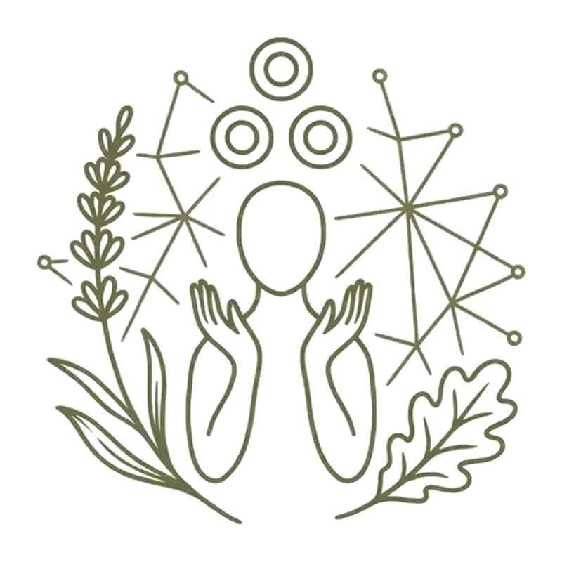Grafika liniowa na czarnym tle przedstawiająca uproszczony zarys ludzkiej sylwetki (głowa i uniesione dłonie), nad którą umieszczone są trzy okręgi z punktem w środku (symbolizujące tradycyjne bańki lekarskie lub punkty energetyczne). Po bokach postaci zarysowano geometryczną sieć linii przypominającą strukturę powięzi lub układ nerwowy, a całą kompozycję domykają u podstawy motywy roślinne: gałązka lawendy po lewej oraz liść dębu po prawej stronie.