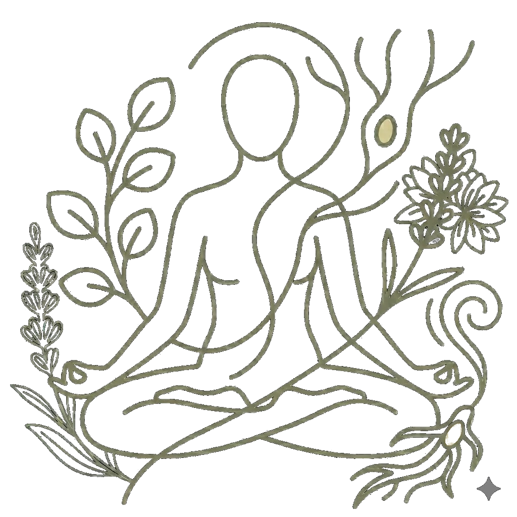 Linearna, stylizowana ilustracja postaci w pozycji medytacyjnej, splecionej z motywami roślinnymi, kwiatami i korzeniami. Grafika symbolizuje psychosomatykę, jedność człowieka z naturą oraz naturalne wsparcie równowagi organizmu.